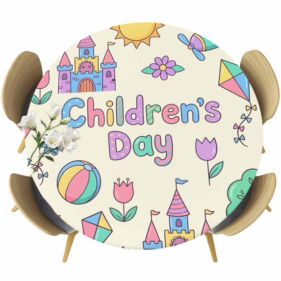 Children's Day Round Tablecloth 45-54 Inch Round Fitted Table Cloth with Elastic Edge, Airplanes Sailing Boats Tree Cartoon Cream Waterproof Table Cover Protector for Outdoor Picnic Party Dining