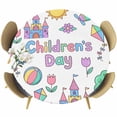 thumbnail image 1 of Children's Day Round Tablecloth 45-54 Inch Round Fitted Table Cloth with Elastic Edge, Airplanes Sailing Boats Tree Cartoon School Waterproof Table Cover Protector for Outdoor Picnic Party Dining, 1 of 9
