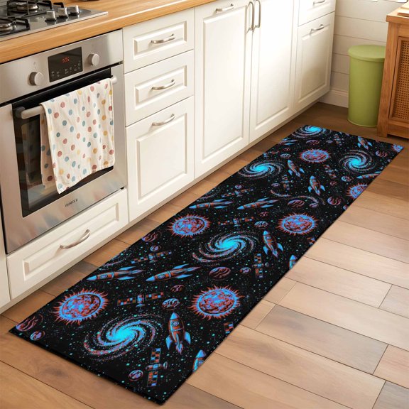 Children's Day Runner Rugs 2x6 ft Universe Black Space Satellite Rocket Planet Washable Hallway Rugs Non-Slip Floor Mats Absorbent Carpet Bedside Runners for Bedroom Kitchen Bathroom Laundry Room