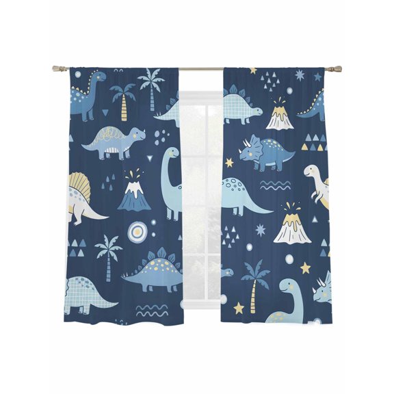Children's Day Sheer Curtains 2 Panels Set Cartoon Blue Dinosaurs Volcanoes Palm Tree Deep Blue Sheer Window Curtains Light Filtering Rod Pocket Voile Drapes for Bedroom Living Room 52"x63"