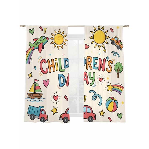 Children's Day Sheer Curtains 2 Panels Set Cartoon Sun Castle Boat Truck Leather Ball Beige Sheer Window Curtains Light Filtering Rod Pocket Voile Drapes for Bedroom Living Room 52"x63"