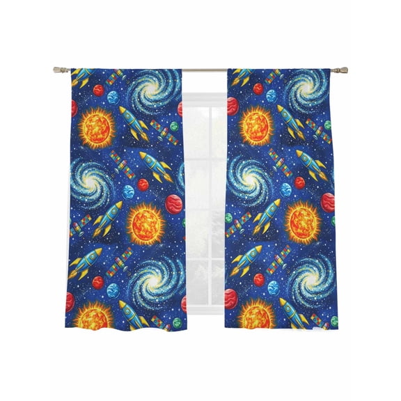 Children's Day Sheer Curtains 2 Panels Set Universe Black Space Satellite Rocket Planet Deep Blue Sheer Window Curtains Light Filtering Rod Pocket Voile Drapes for Bedroom Living Room 52"x63"