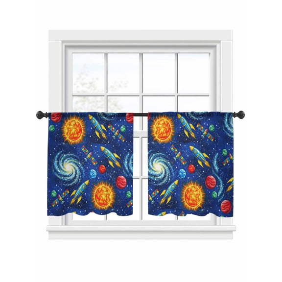 Children's Day Sheer Curtains 2 Panels Set Universe Black Space Satellite Rocket Planet Deep Blue Sheer Window Curtains Light Filtering Rod Pocket Voile Drapes for Bedroom Living Room 52"x45"