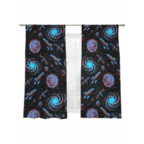 Children's Day Sheer Curtains 2 Panels Set Universe Black Space Satellite Rocket Planet Sheer Window Curtains Light Filtering Rod Pocket Voile Drapes for Bedroom Living Room 52"x63"