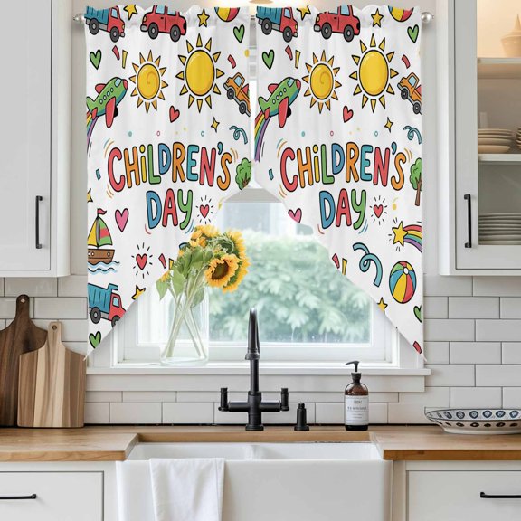 Children's Day Swag Curtain Valance for Windows, Cartoon Sun Castle Boat Truck Leather Ball Love Window Treatments Short Swag Topper for Kitchen Windows Bathroom Bedroom, 36"x45"