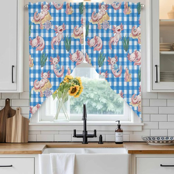 Children's Day Swag Curtain Valance for Windows, Mexican Blunt Salamander Coral Seagrass Blue White Plaid Window Treatments Short Swag Topper for Kitchen Windows Bathroom Bedroom, 36"x36"