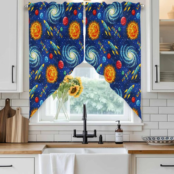 Children's Day Swag Curtain Valance for Windows, Universe Black Space Satellite Rocket Planet Deep Blue Window Treatments Short Swag Topper for Kitchen Windows Bathroom Bedroom, 28"x36"
