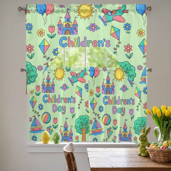 Children's Day Swag Curtains Valance & Tier Set, Cartoon Sun Airplanes Castles Kites Boat Balloon Green 3 Pcs Set Kitchen Swag Valances and Tiers 24 Inch Length Rod Pocket Curtain Drapes for Bedroom
