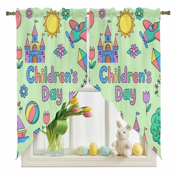 Children's Day Swag Kitchen Curtain Valances, Cartoon Sun Airplanes Castles Kites Boat Balloon Green Rod Pocket Curtains Window Treatment Decor Valances for Bedroom Bathroom, 2 Panels 28 x 36 Inch