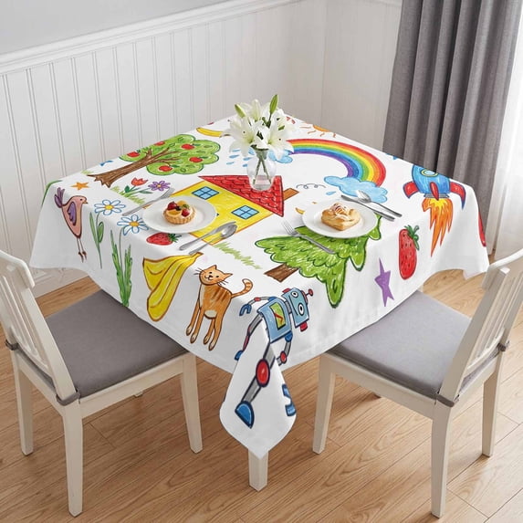 Children's Day Table Cloth Waterproof Tablecloths, Cartoon Painting Rainbow Rocket Butterfly Tablecloth Dining Table Cover for Kitchen Party Tabletop Outdoor, Square Tablecloth 60x60 Inch