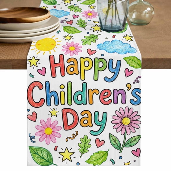 Children's Day Table Runner 70 Inches, Cartoon Cute Sun Nature Flowers Leaf Bed Runner Dresser Scarves Tabletop for Indoor Outdoor Parties/Ceremony/Banquet, 13" x 70"