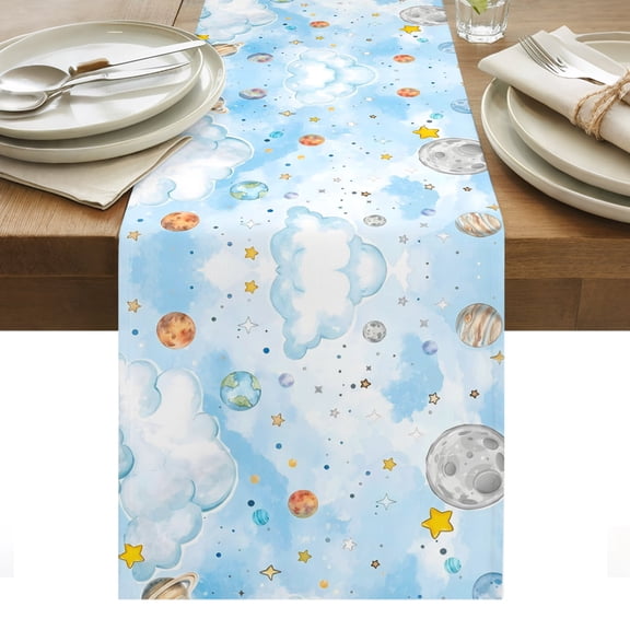 Children's Day Table Runner Galaxy Universe Stars Planets Moons Tablerunners 13 x 48 Inch, Table Decorations Tabletop Scarf for Summer Gathering Holiday Farmhouse Kitchen Dining Decor