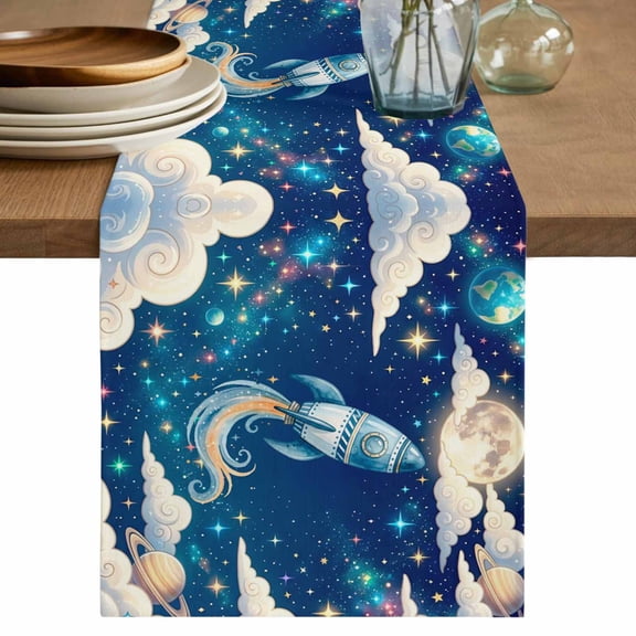 Children's Day Table Runner, Galaxy Universe Stars Starry Rocket Moon Washable Cotton Linen Table Runners 48 Inches Long, Dresser Scarf Runner for Nightstand/Coffee/End Tables 13''x48''