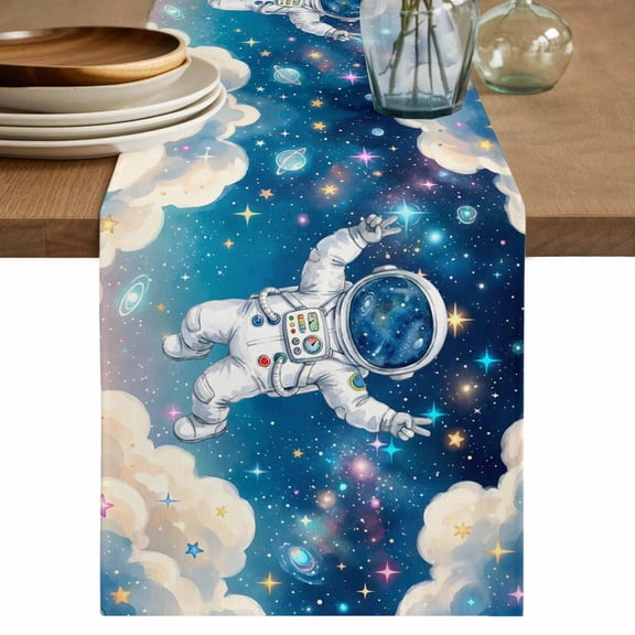 Children's Day Table Runner, Galaxy Universe Stars Starry Sky Astraunt Washable Cotton Linen Table Runners 48 Inches Long, Dresser Scarf Runner for Nightstand/Coffee/End Tables 13''x48''