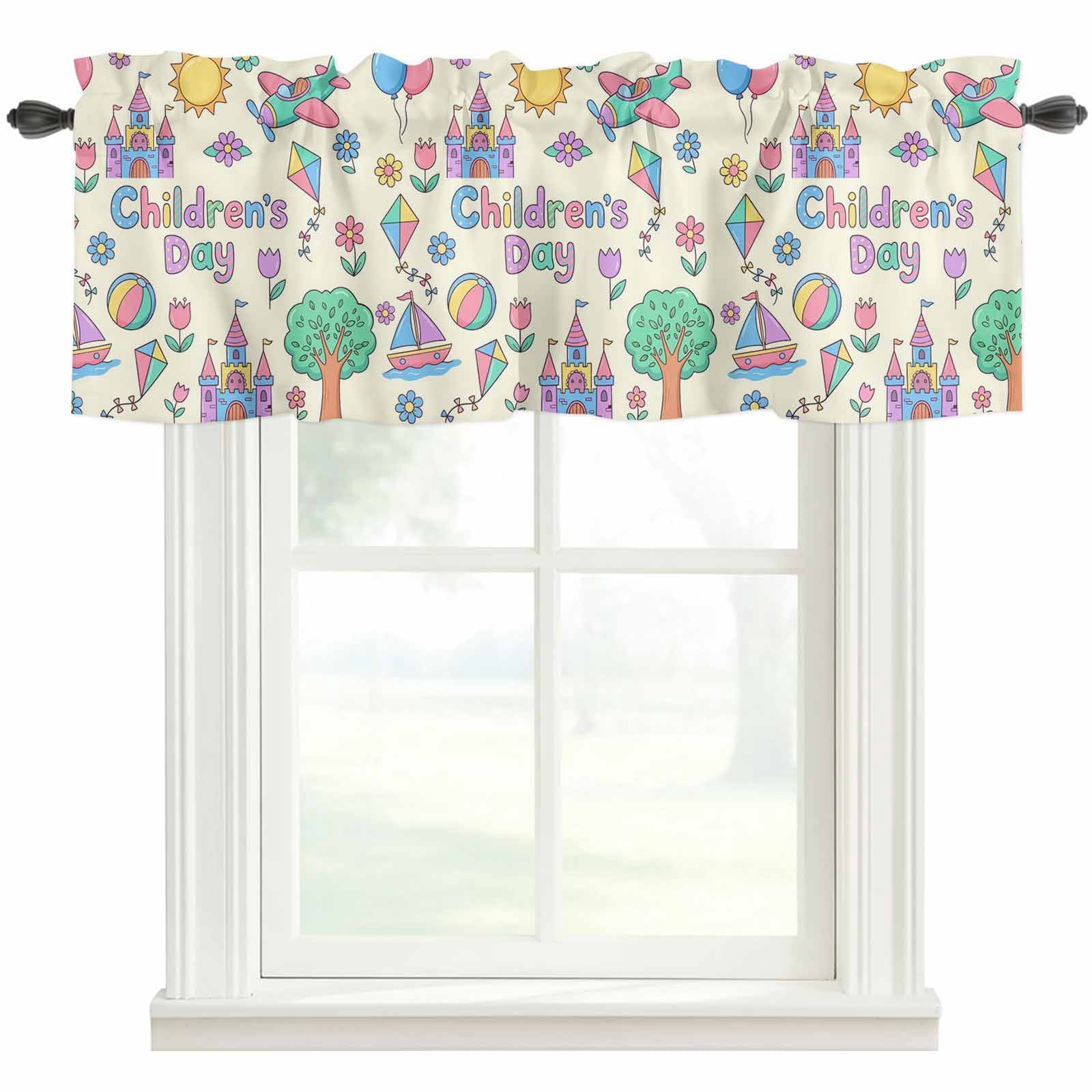 Children's Day Valances for Windows Cartoon Sun Airplanes Castles Kites