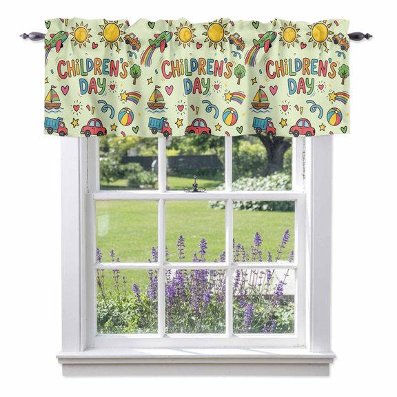 Children's Day Valances for Windows Cartoon Sun Castle Boat Truck Leather Ball Green Rod Pocket Cafe Window Treatments Valance Curtains for Kitchen Bathroom Laundry Basement Windows 42"x18"