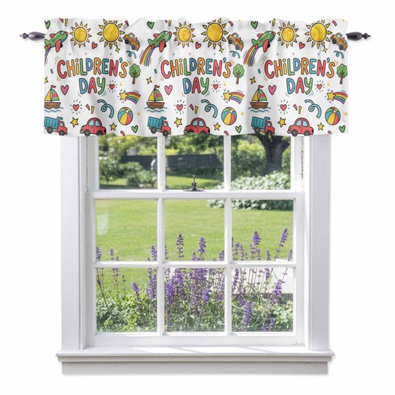 Children's Day Valances for Windows Cartoon Sun Castle Boat Truck Leather Ball Love Rod Pocket Cafe Window Treatments Valance Curtains for Kitchen Bathroom Laundry Basement Windows 42"x12"