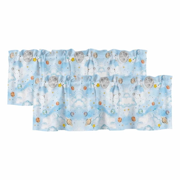 Children's Day Valances for Windows, Decorative Rod Pocket Window Valance Curtains, Galaxy Universe Stars Planets Moons Short Curtain Drapes for Kitchen/Bathroom/Living Room, 2 Panels, 42" W x 12" L