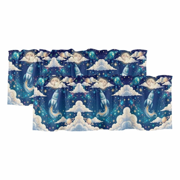 Children's Day Valances for Windows, Decorative Rod Pocket Window Valance Curtains, Galaxy Universe Stars Starry Rocket Moon Short Curtain Drapes for Kitchen/Living Room, 2 Panels, 42" W x 12" L