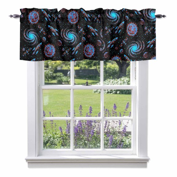 Children's Day Valances for Windows Universe Black Space Satellite Rocket Planet Rod Pocket Cafe Window Treatments Valance Curtains for Kitchen Bathroom Laundry Basement Windows 42"x12"
