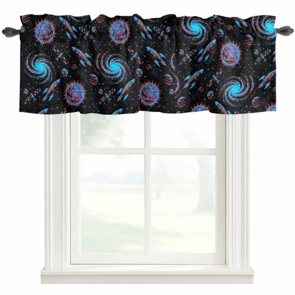 Children's Day Valances for Windows Universe Black Space Satellite Rocket Planet Rod Pocket Curtain Valance Window Treatment Short Curtains for Kitchen Living Room, 42"x12"