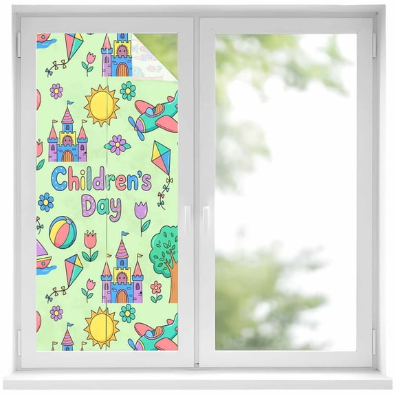 Children's Day Window Privacy Film, Cartoon Sun Airplanes Castles Kites Boat Balloon Green Frosted Glass Window Clings Static Cling UV Heat Blocking Reusable Door Sticker for Bathroom 19.6x39.3 Inch