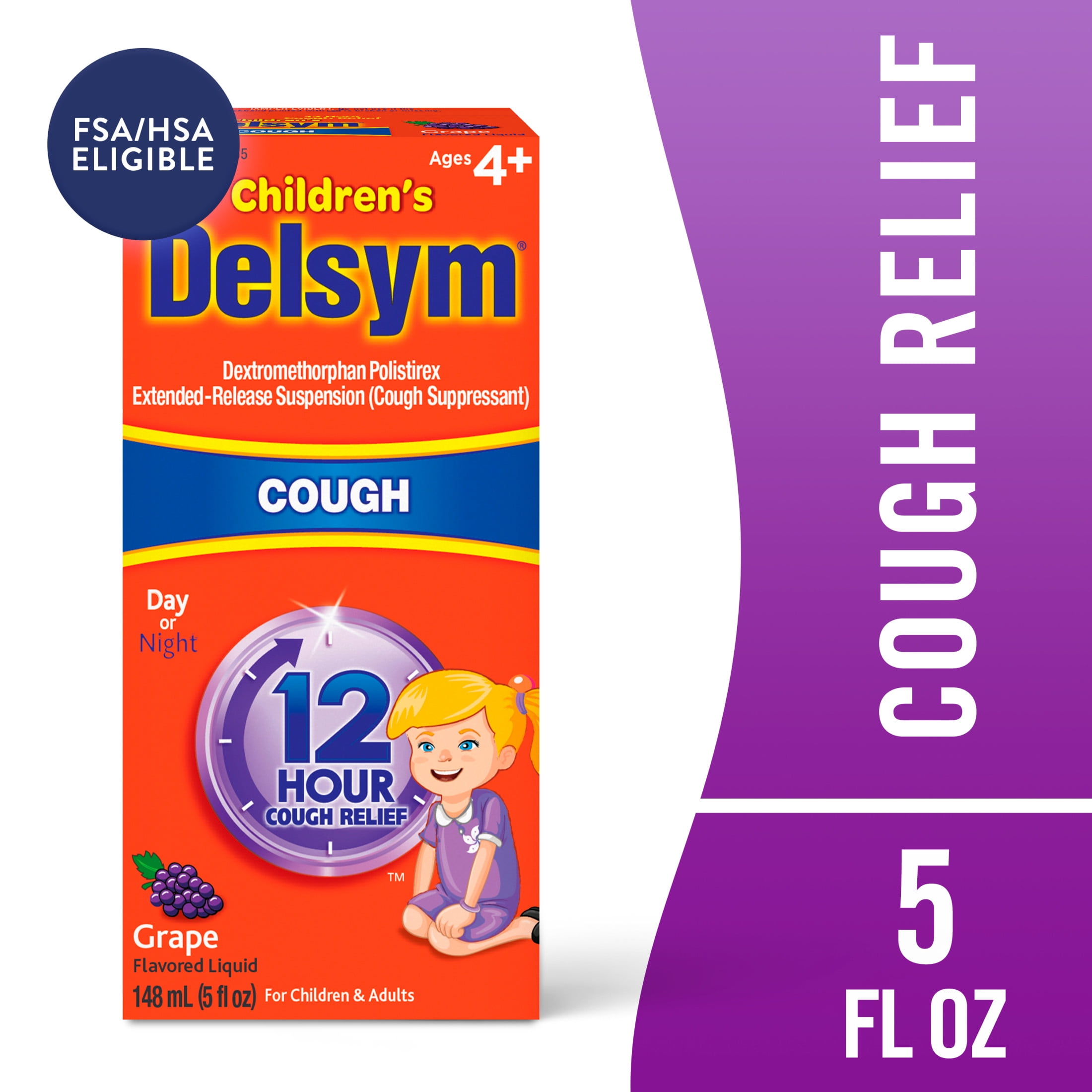 Delsym Childrens 12 hour Cough Relief  Suppressing Medicine Liquids, Grape Flavor, 5 fl oz