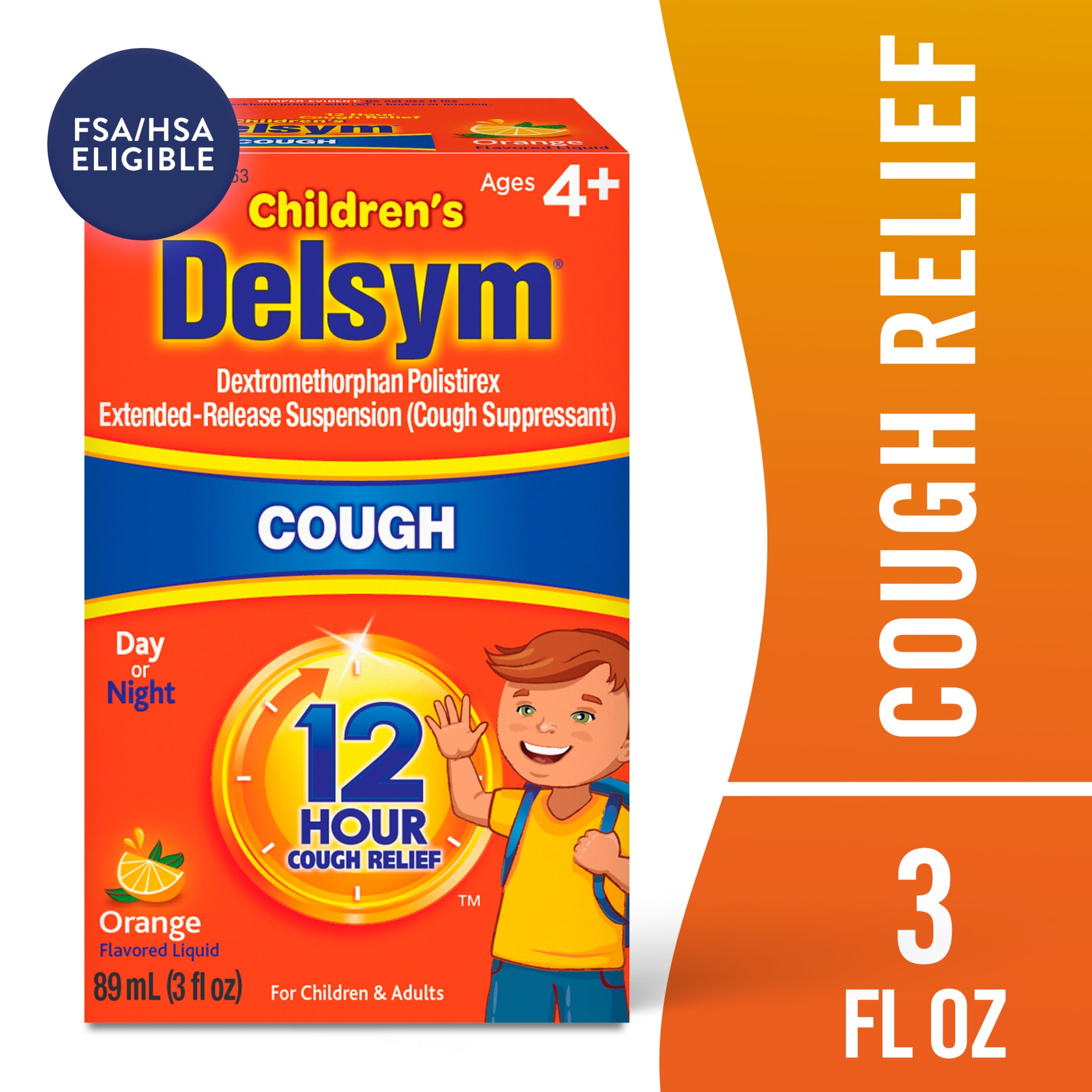 Delsym Childrens 12 hour Cough Relief Suppressant Liquids Medicine for Kids, Orange Flavor, 3 fl oz