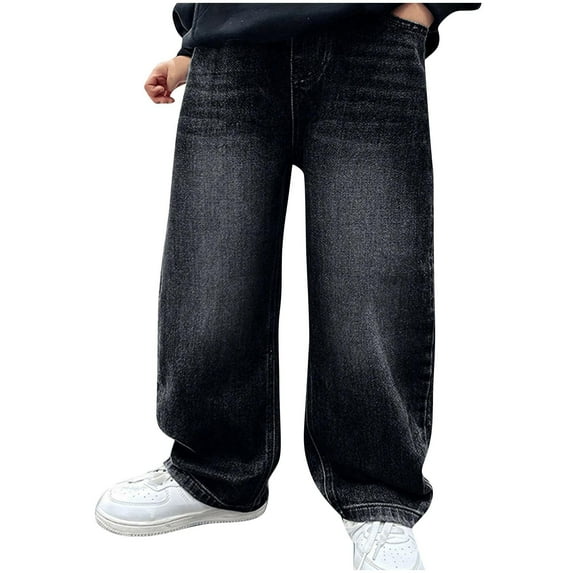 Children's Denim Pants Loose Wide Leg Solid Color Casual Long Pants Comfortable Fashion Versatile Daily Jeans Black 11 Years