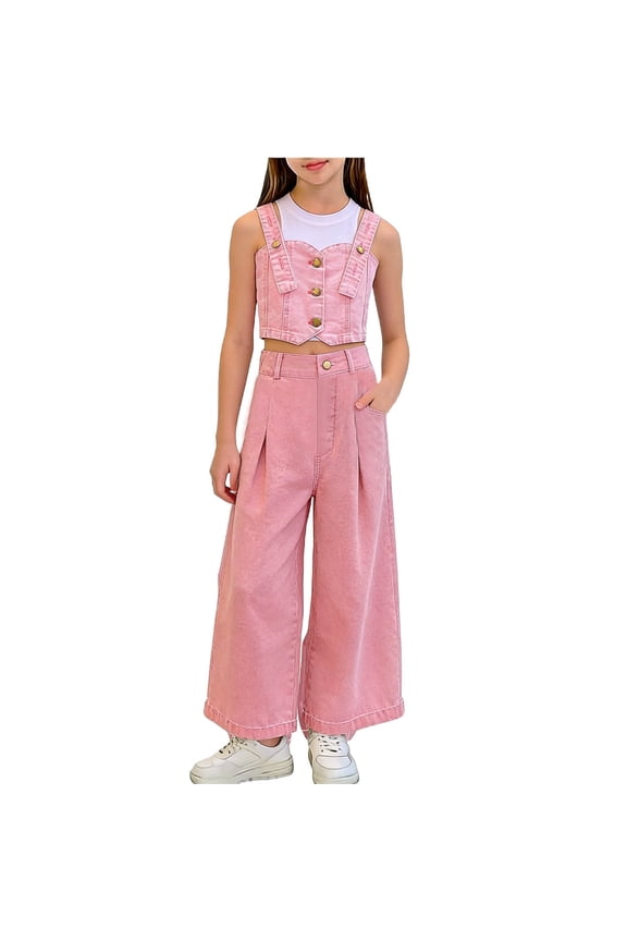 Children's Denim Suit Fine Shoulder Strap Jacket and Wide-leg Denim Trousers With Fleece-lined for Warmth Two-piece Set for Kids