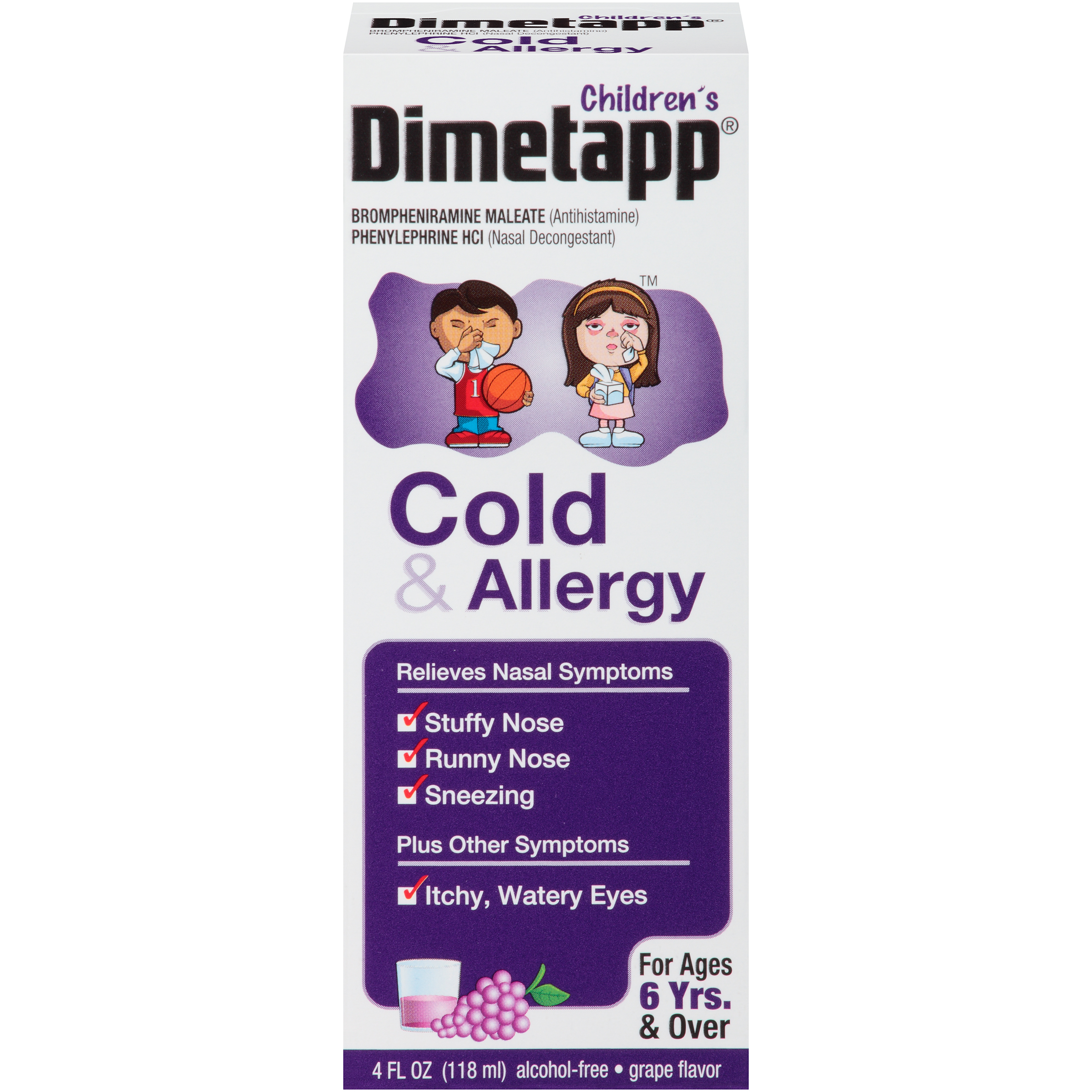Children's Dimetapp Cold and Allergy, Antihistamine, Alcohol-Free, Liquid Syrup, Grape Flavor, 4 oz. - image 1 of 14