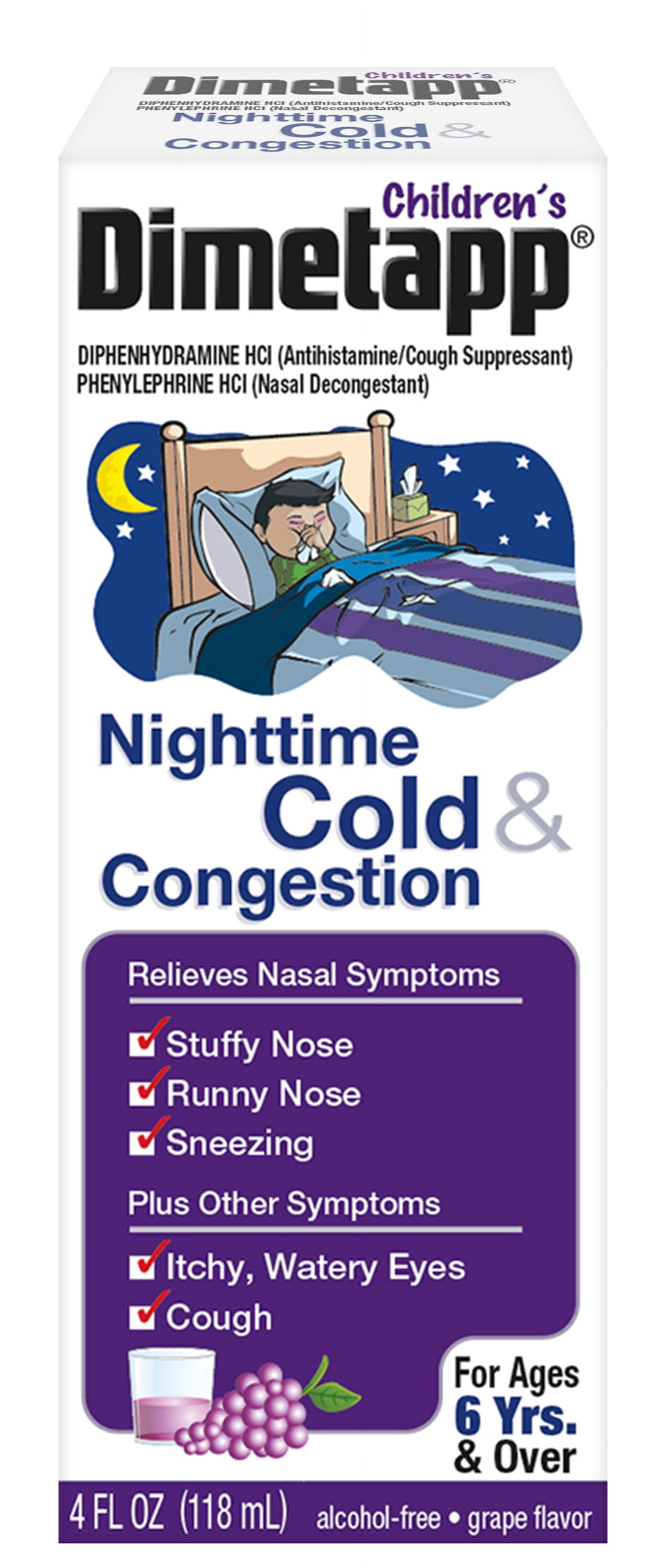 Children's Dimetapp Nighttime Cold & Congestion, Antihistamine, Alcohol-Free, Grape Flavor, 4 oz.