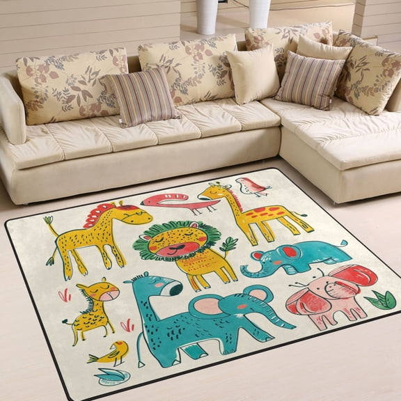 Children's Drawings Animals Area Rug Washable 80 x 58 Floor Carpet Mat Non Slip for Bedroom Living Room Home Decor