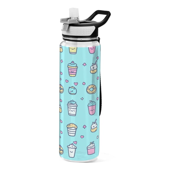 Children's Drawings Food Pattern 1000ml Tritan Sport Bottle Straw LeakProof Food-Grade Portable Wide Handle