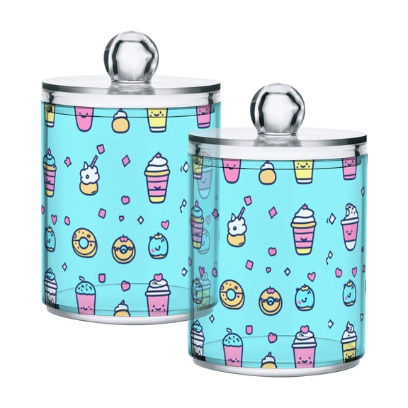 Children's Drawings Food Pattern Cotton Swabs Cans Translucent Plastic Canisters Dustproof Lid for Bathroom Storage