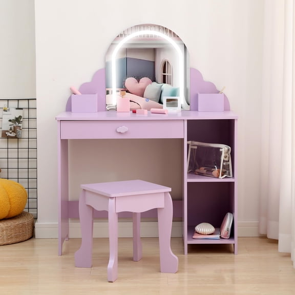 Children's Dressing Table with Stool, Kids' Vanity Table Set with 3-Color LED Lights Mirror, Small Vanity Desk with Drawer & Storage Shelves for Girls