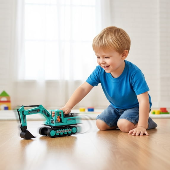 Children's Excavator Toy Bulldozer, Usupdd Multi-Joint Rotating Engineering Vehicle, 7.9 Inch Inertial Truck Model for Construction Play, Green