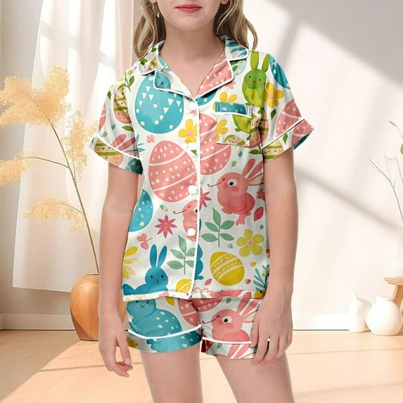 Children's Fashion Easter Print Button Down Collar Short Sleeved Top Shorts Pajamas Set Size 6-7 Years