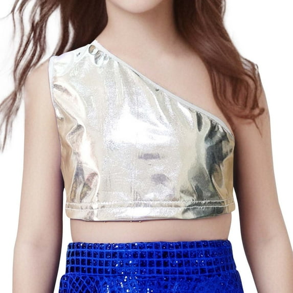Children's Fashion Show Tank Tops One Shoulder Shiny Stretch Performance Shirt Crop Top for Dance and Stage Outfits Silver 120