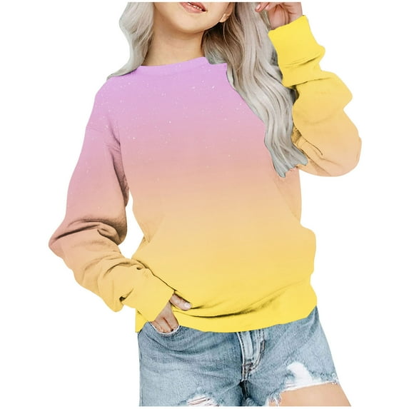 Children's Fashion Sweatshirts Long Sleeve Round Neck Pullover Top Girls Boys Gradient Color Sport Loose Sweatshirt with Pocket Purple 9 Years