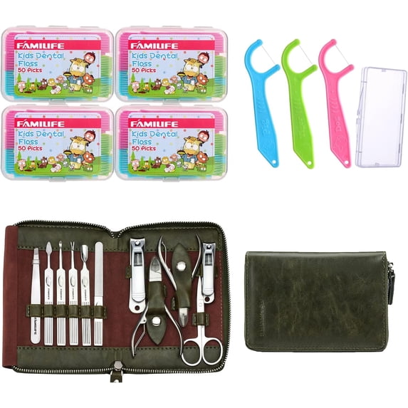 Children's Floss Picks, 200 pieces children's floss picks, manicure set, 11-in-1 manicure set stainless steel men's manicure tools leather manicure tools men