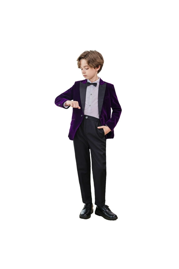 Children's Formal Suits 4PC Set Blazer Pants Shirt Bow Tie Classic Wedding Attire for Boys Pageant Party Ceremony Outfit