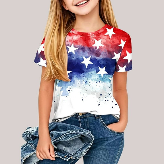 Children's Fourth Of July Short Sleeved T-Shirt Independence Day Printed Pattern Shirt Cute Round Neck Half Sleeved Casual Versatile Top Blue 7-8 Years