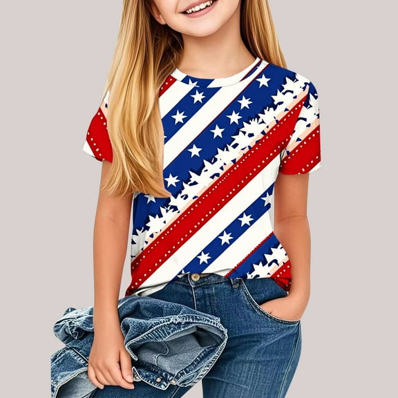 Children's Fourth Of July Short Sleeved T-Shirt Independence Day Printed Pattern Shirt Cute Round Neck Half Sleeved Casual Versatile Top Blue 7-8 Years