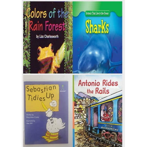 Children's Fun & Educational 4 Pack Paperback Book Bundle (Ages 3-5): Colors of the Rain Forest, Sharks Animals That Live in the Ocean, Sebastian tidies up Alphakids, Antonio Rides the Rails Reading P