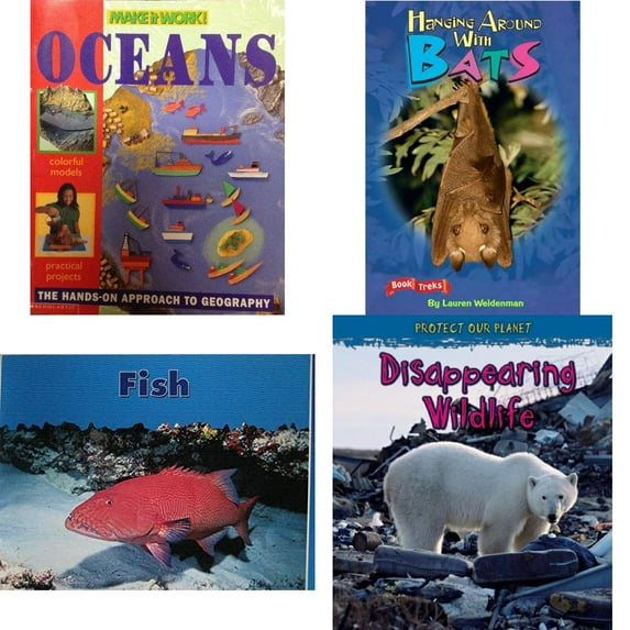 Children's Fun & Educational 4 Pack Paperback Book Bundle (Ages 6-12): Oceans Make it Work! Geography, BOOK TREKS LEVEL THREE HANGING AROUND WITH BATS 2004C, FISH PAPERBACK Dominie Marine Life Young R