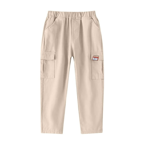 Children's Girls Boys Cargo Pants Elastic Waist Sports Straight Leg Trousers Casual Solid Color Multiple Pockets Outdoor Long Pant Beige 5 Years