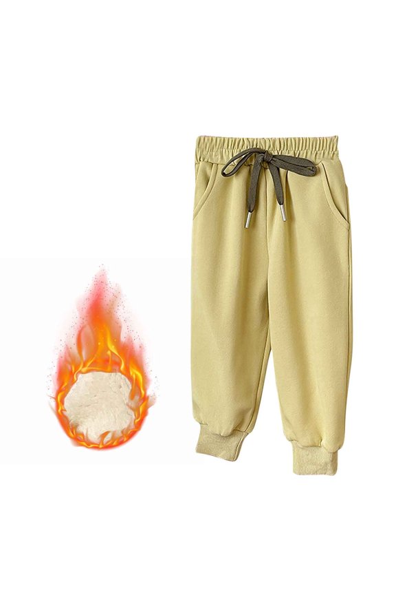 Children's Girls Boys Casual Pants Loose Fleece Lined Thickened Pant Solid Color Drawstring Versatile Warm Trousers Yellow 90