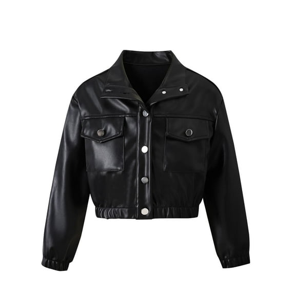 Children's Girls Boys Leather Jackets Solid Color Winter Long Sleeved Tops Full Zip Solid Color Handsome Outerwear Black 150