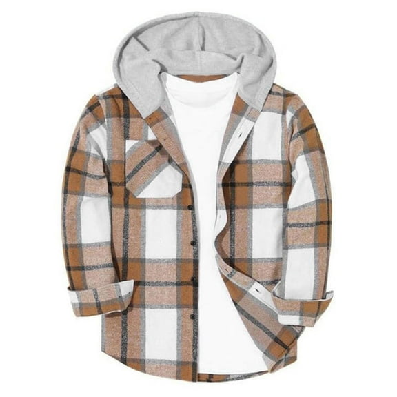 Children's Girls Boys Plaid Coats Fashion Casual Button Down Fleece Long Sleeve Hooded Outwear School Fall Color Block Jackets for Kids Brown 6 Years